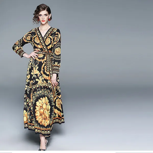 Women Summer Lond Dress Holiday Maxi Loose Sundress Floral Print V-neck Long Sleeve Elegante Dresses Cocktail Party Baroque Robe