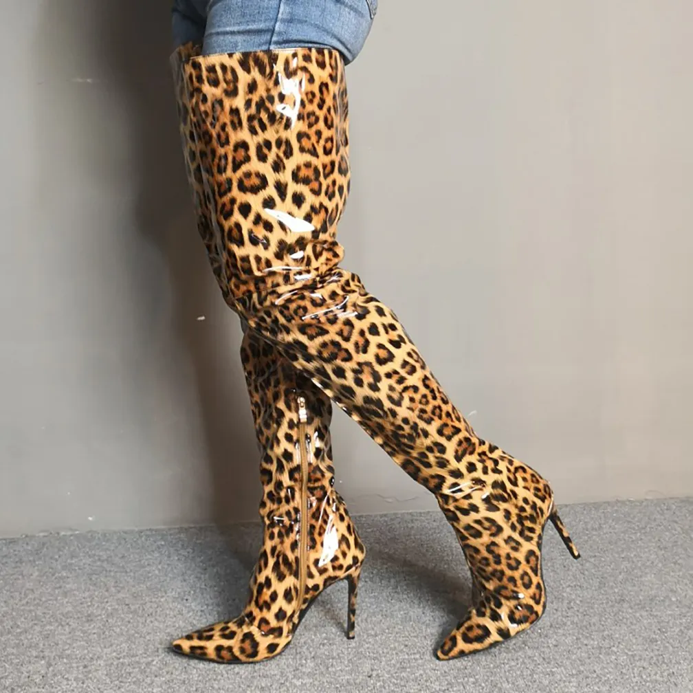 Womens Handmade High Heel Over Knee Boots Real Pictures Patent Leather Sexy Leopard Thigh-high Boots Evening Club Dance Fashion Long Shoes D442