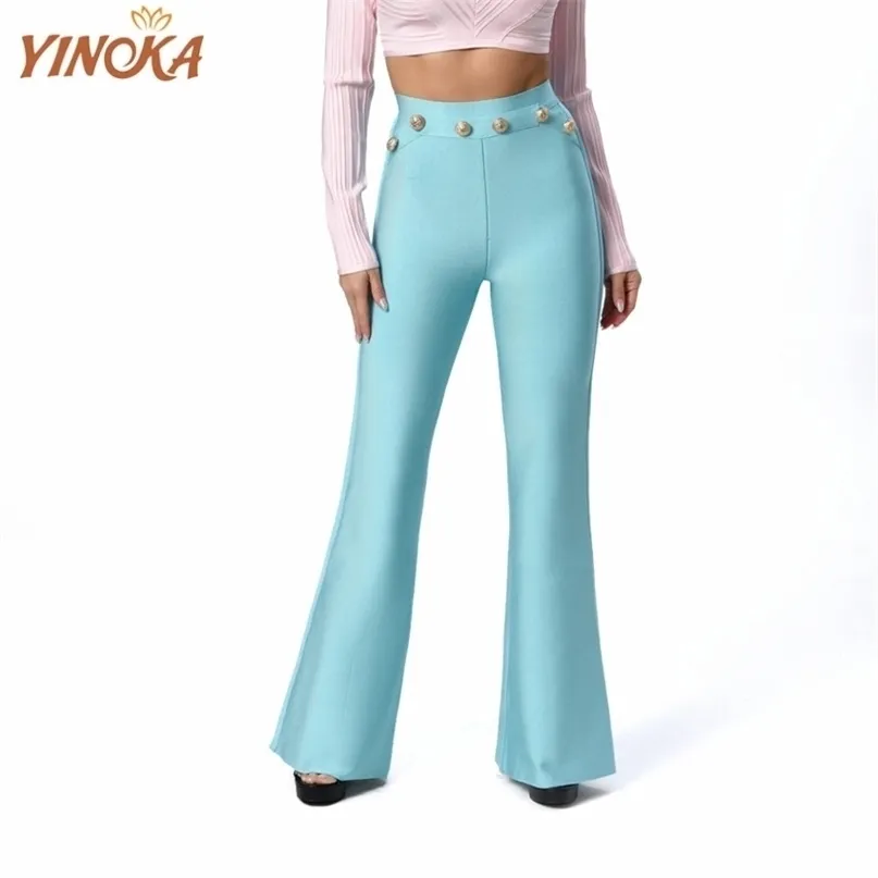 Pantaloni fasciatura Yinoka Donna Solido elastico a vita alta Sottile perline di lusso aderente Elegante Club Evening Party Pantaloni svasati 211115