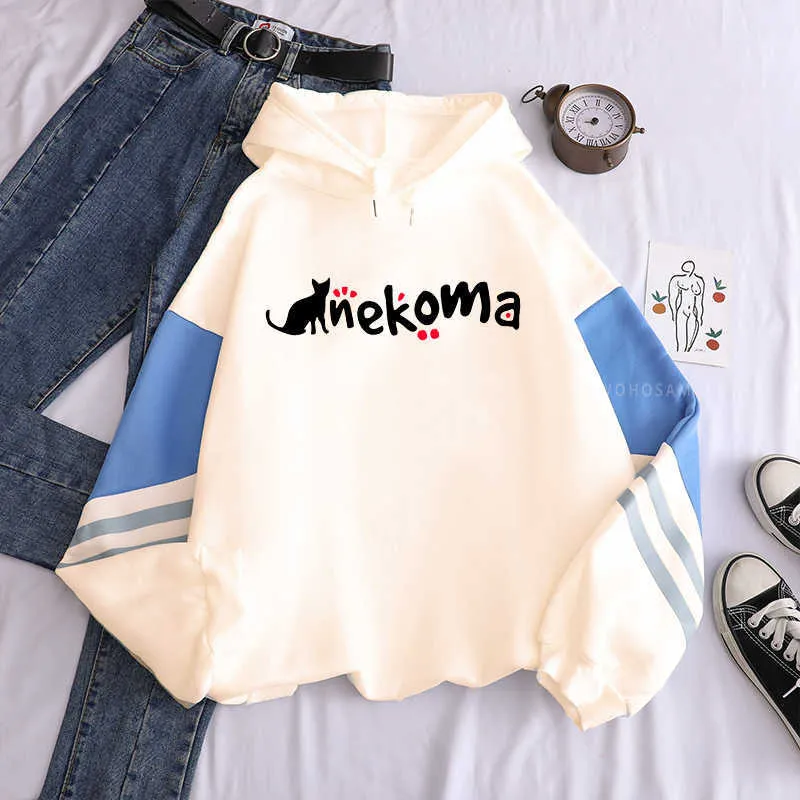 Harajuku anime haikyuu nekoma print hooded sweatshirts kvinnor rolig tecknad kawaii grafiska tjejer koreanska mode söt gulligt hoodie y0816