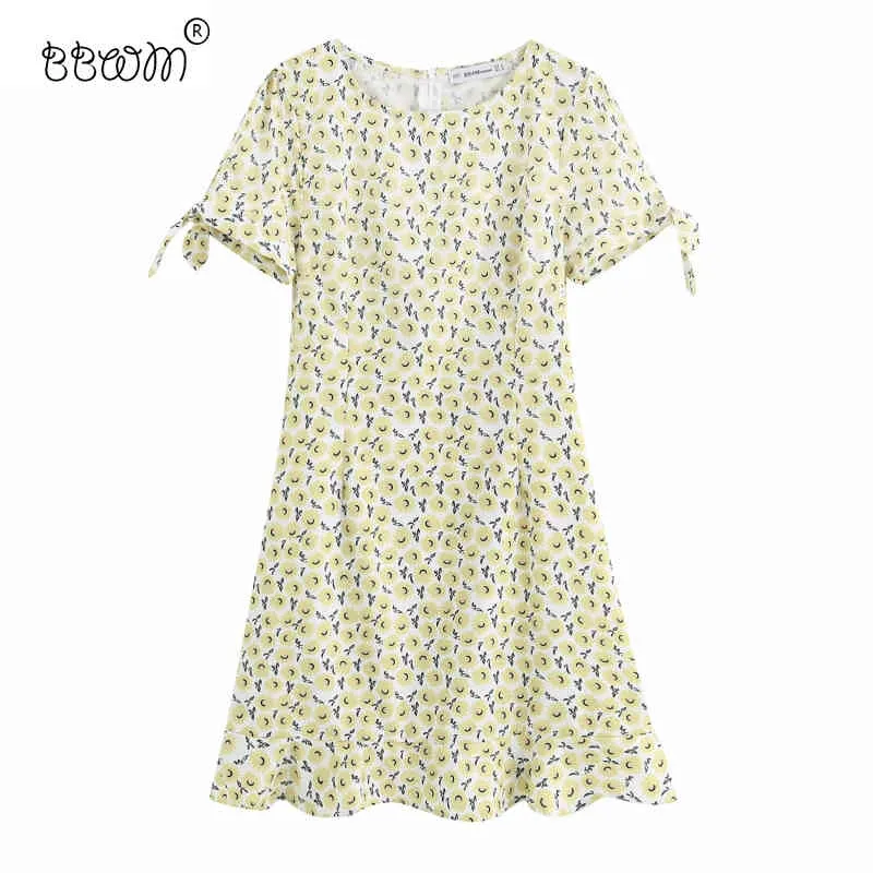 Women Fashion Floral Printed Lace-up Cuff Mini Dress Casual Female O-Neck Short Sleeve Dresses Girls Chic Vestidos 210520