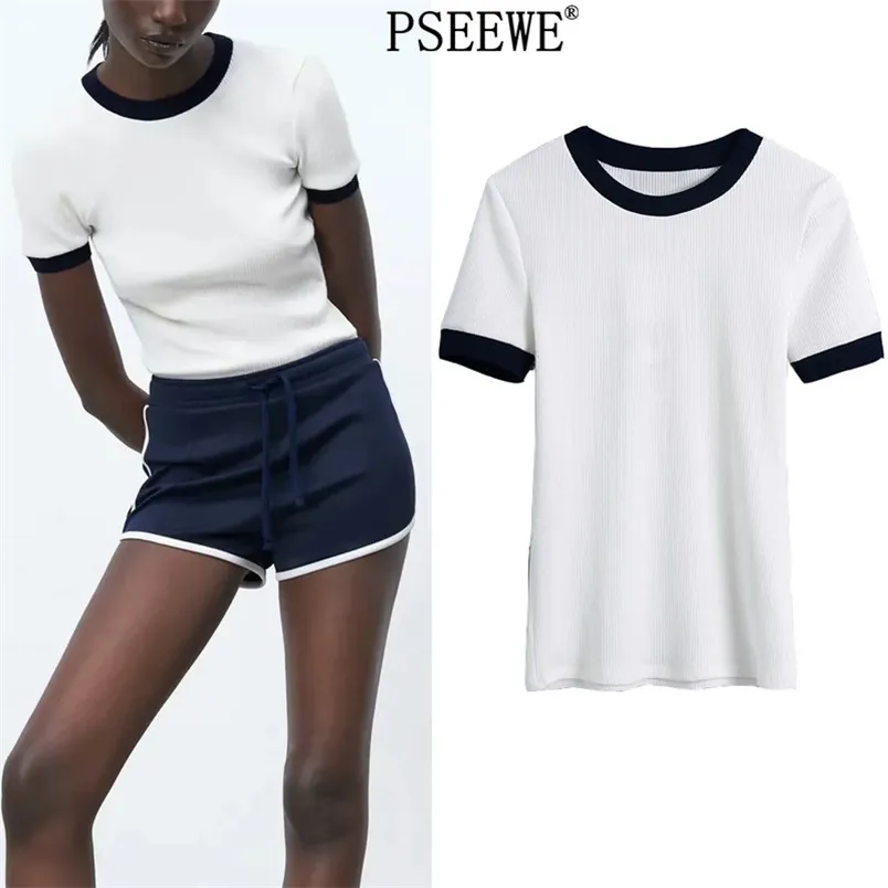 Spring White Knitted Top Woman T-Shirts Women Short Sleeve Basic Casual Fashion Contrast Rib Female 210519