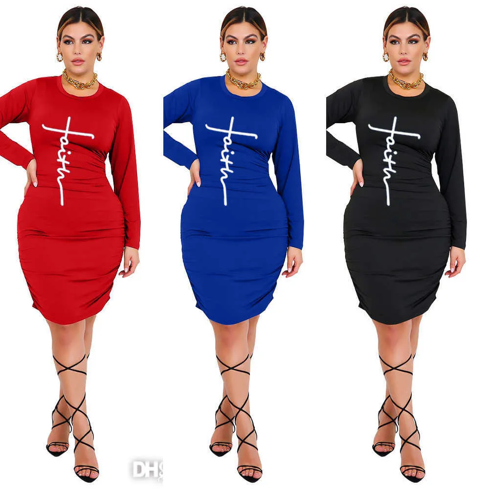 Herfst Winter Vrouwen Jurk Designer Geplooide Letters Gedrukt Lange Mouw Backless Bodycon Jurken Party Nightclub Plus Size Kleding