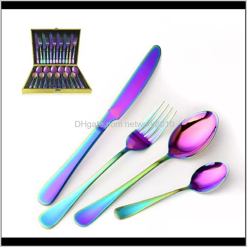 24pcs rainbow colorful gold-plated stainless steel cutlery spoon four-piece set for luxury hotel kitchen tableware gift party supplies