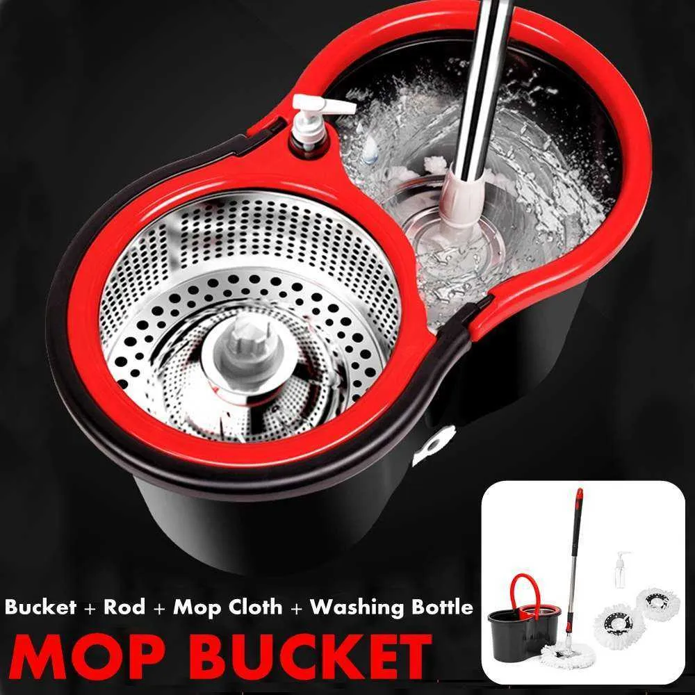 360 Spin Mop en acier inoxydable sec avec seau tige 2 têtes de fibre ensemble système de nettoyage facile à essorer sol lavable propre 210805