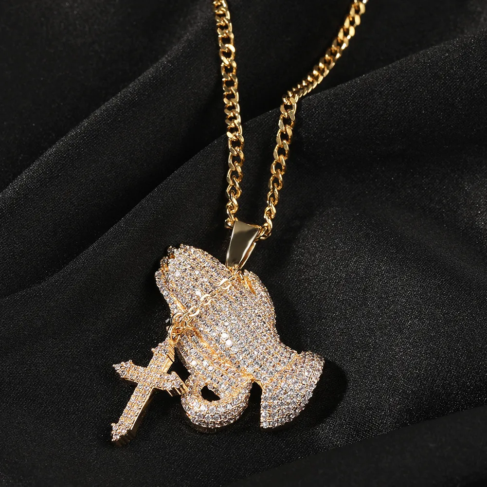 Iced Out Pendant Praying Hands Necklace Mens Gold Necklaces Hip Hop Jewelry7495476