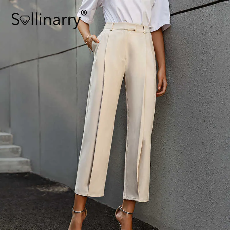 Sollinarry drape losse rechte capri pants hoge taille slanke kantoor vrouwelijke broek leisure casual abrikoos zomer broek vrouwen 210709