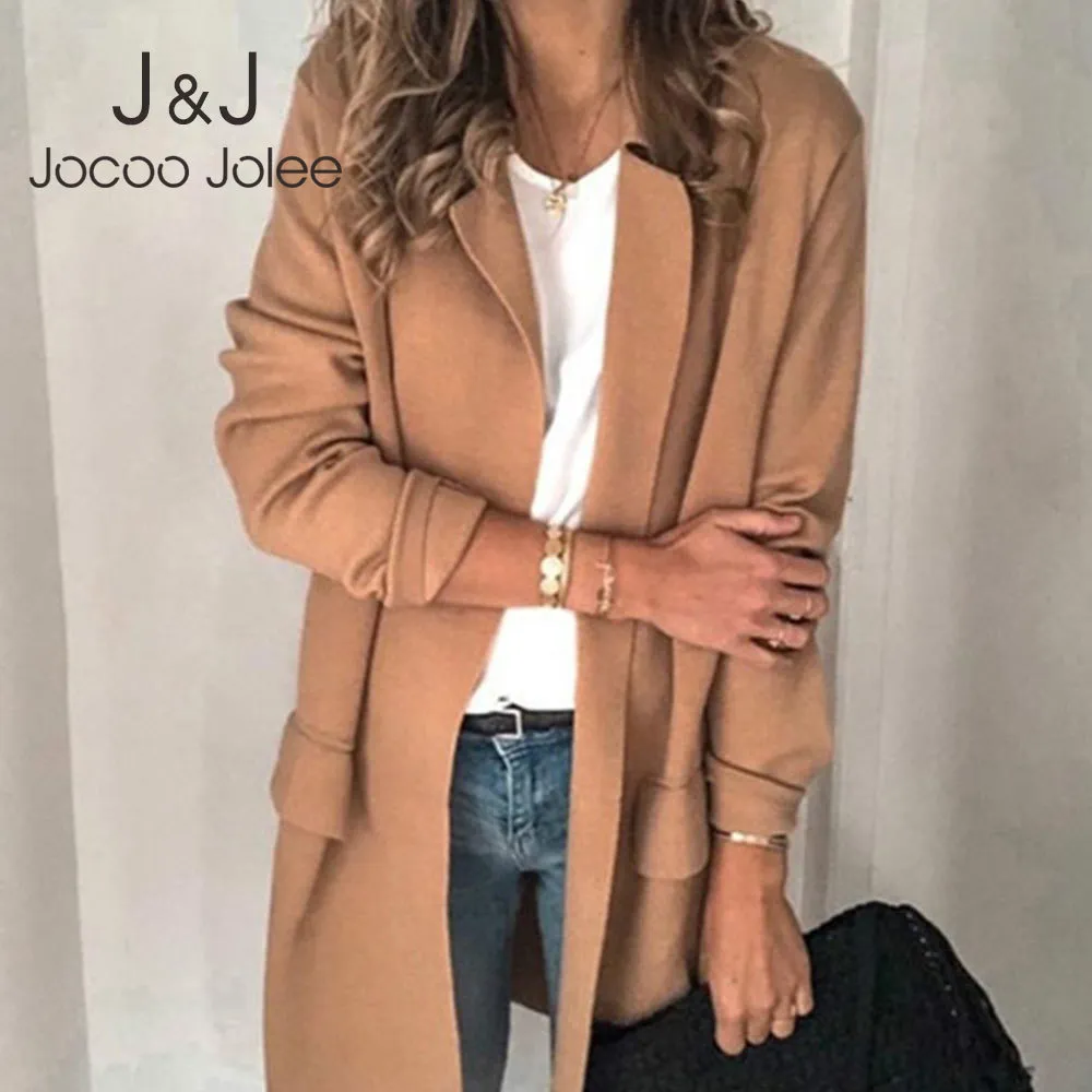 Jocoo Jolee Vintage Long Jackor Casual Långärmad Solid Blazer Harajuku Minimalistisk Workwear Blazer Office Lady Formell Coat 210518