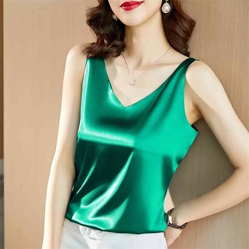 夏の韓国のファッションシルクタンクトップ女性サテンオフィスの女性のソリッドブラックカミプラスサイズXXXLグリーンS 210531