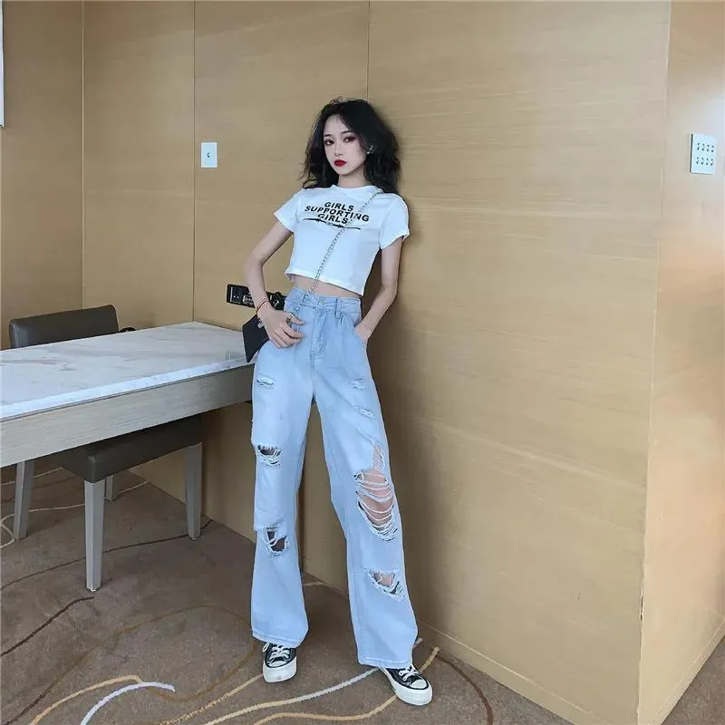 Compra Jeans De Mujer Moda Mujer Alta Cintura Rasgada Para Las Niñas Ropa  De Calle Suelta Ropa De Mezclilla Divertida Pantalones Vintage Female  Barato | Entrega Rápida Y Calidad | Es.Dhgate