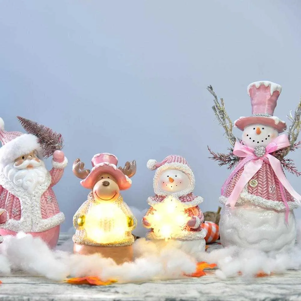 Różowy Boże Narodzenie Snowman Santa Claus Figurka z LED Wakacje Światła Xmas Dekoracja 2022 Nowy Rok Wystrój Domowy Room Ornament H1020