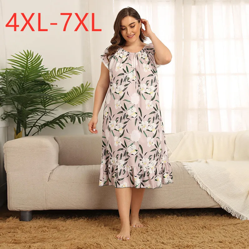 New 2021 ladies summer plus size home wear long pajamas for women large loose short sleeve floral print dress 4XL 5XL 6XL 7XL X0521