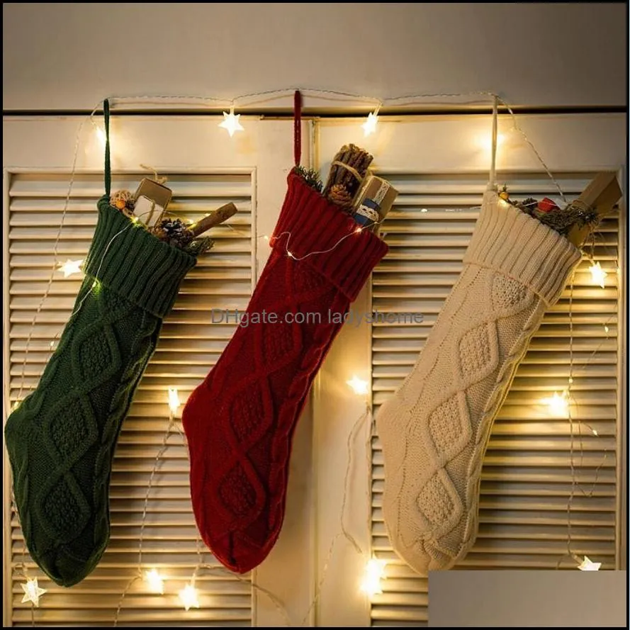 Christmas Knitted Stockings Decor festival Gift Bag Fireplace Xmas Tree Hanging Ornaments Decor Red White Christmas Sock 46CM HWF7023