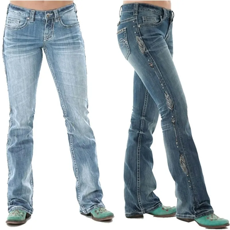 Höst Mode Kvinnors Denim Blå Hög Vänta Jeans Retro Vanliga Lång Byxor Casual Washed Style Comfy Streetwear Pants 211111