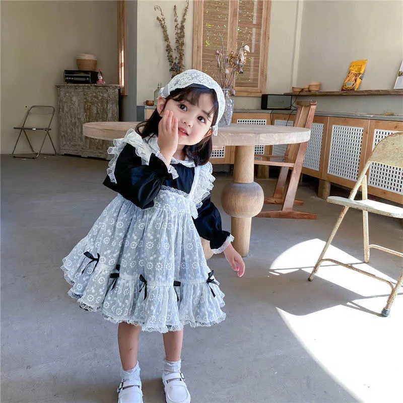 Outono inverno garota corduro princesa vestido branco laço de manga longa alça para bebezas meninas cute criança crianças roupas 210615