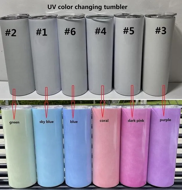 US Stock Gobelet à changement de couleur UV 20 oz Gobelet à sublimation Détection de la lumière du soleil Gobelet droit en acier inoxydable avec couvercle et pailles