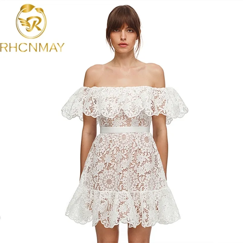 Взлетно-посадочная полоса летом кружева платье женщин сексуальное выключение плеча шея винтажная вышивка цветы пэчворк белые мини-платья 210506