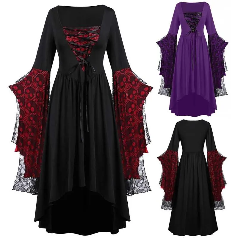 Mode Häxa Cosplay Kostym Halloween Plus Size Skull Dress Lace Bat Sleeve Kostymer