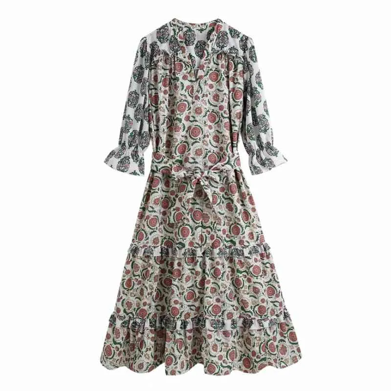 Våren kvinnor blomma tryck splicing midi tröja klänning kvinnlig v neck puff ärm kläder casual lady lös vestido d7395 210430