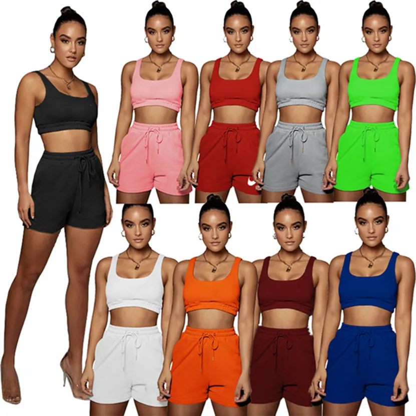 Summer Tracksuits Mulheres Jogger Terno Plus Size S-2xl Outfits Camisola Top + Shorts Fitness Dois peça definir bordados Logos Sportswear sem mangas colete de colheita Crop tops + shorts 4759