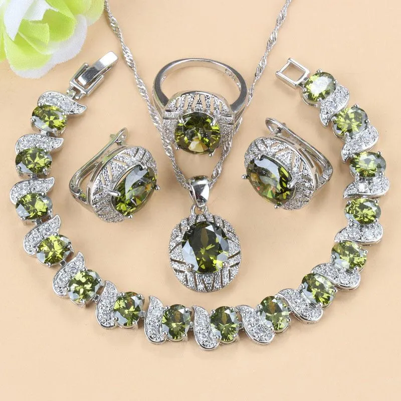 Kolczyki Naszyjnik Ekskluzywna Sprzedaż Olive Green Bridal Biżuteria Zestawy Kamień Naturalny Kamień Wedding Moda Kobiet Kostium Dla Prezentu