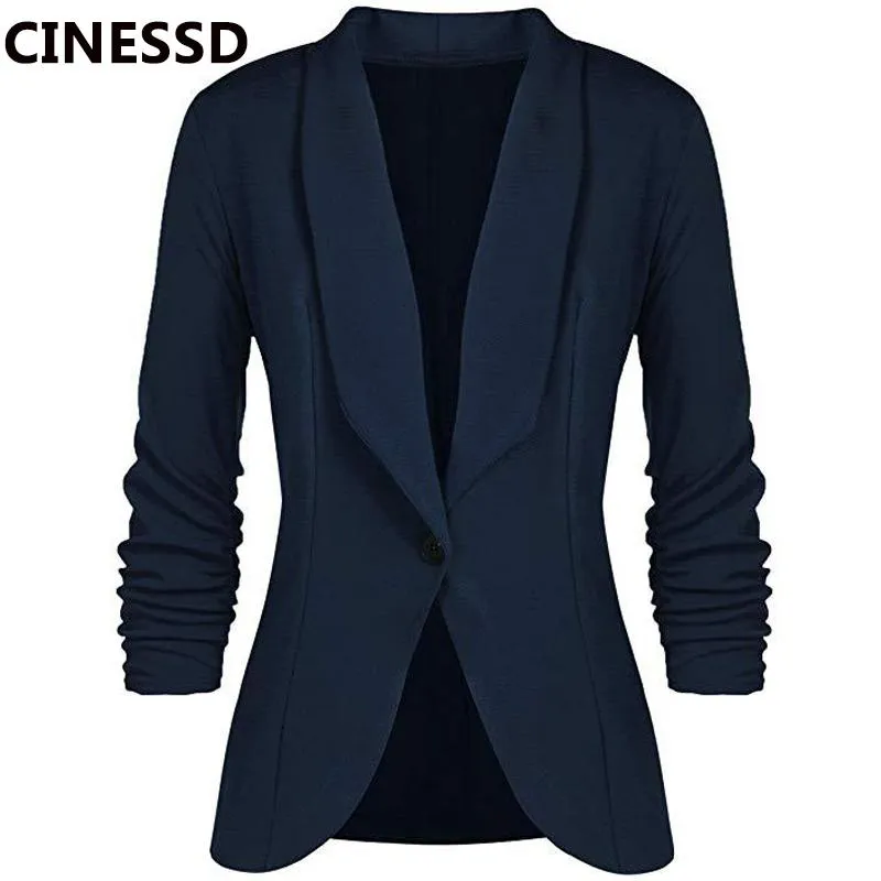 Abiti da donna Blazer CINESSD Cappotto da donna da ufficio Solid maniche lunghe Cardigan Button Abito casual Blazer da donna in cotone slim drappeggiato blu navy Ja