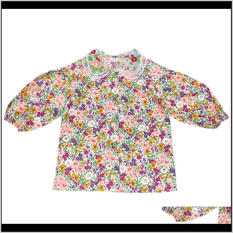 korean style spring little girls floral embroidery mesh collar shirts baby child retro long sleeve shirt clothes 210305