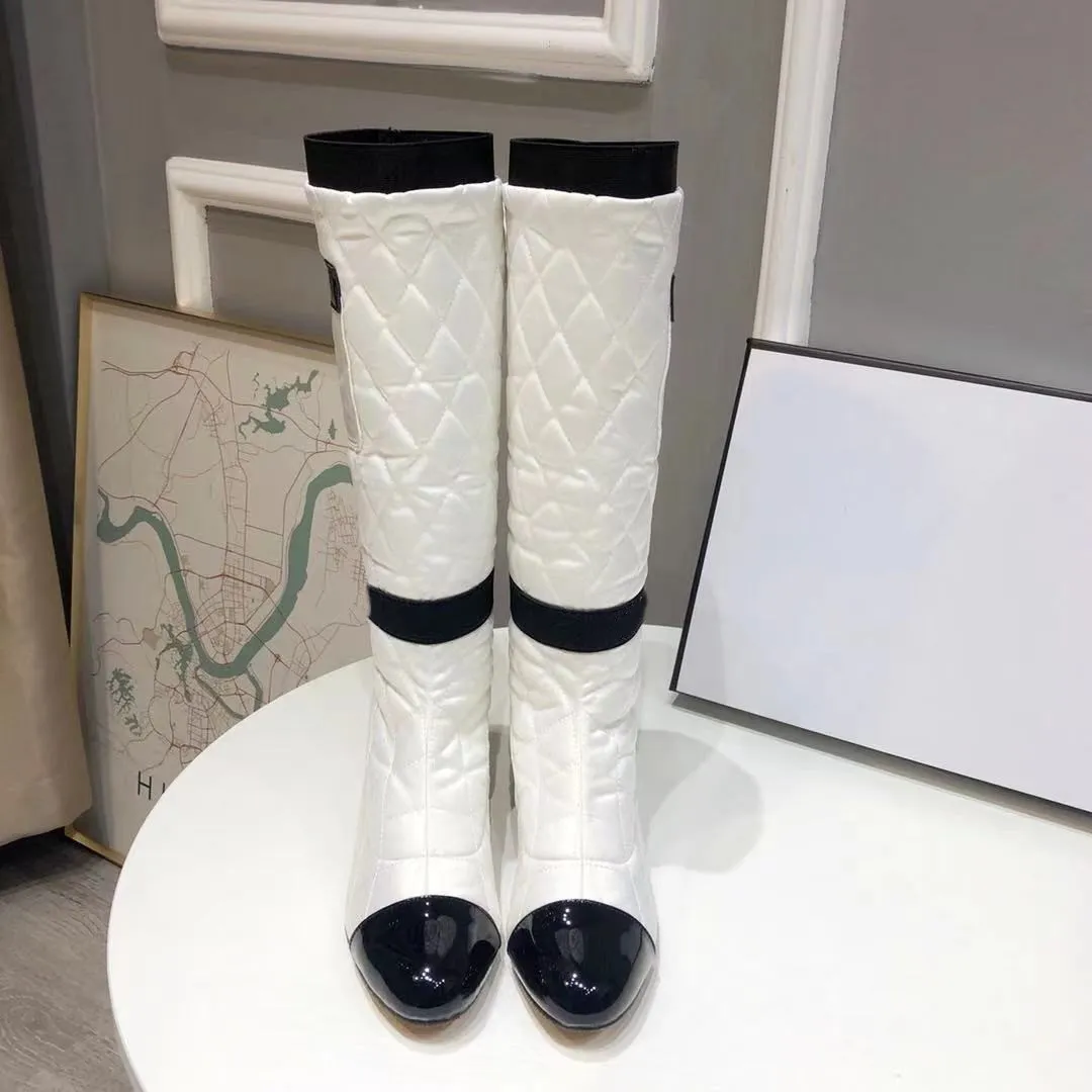 new arrived woman winter elastick Silk rhombus knee boots femal high quality brand design sexy long shoes size 35-41 black white