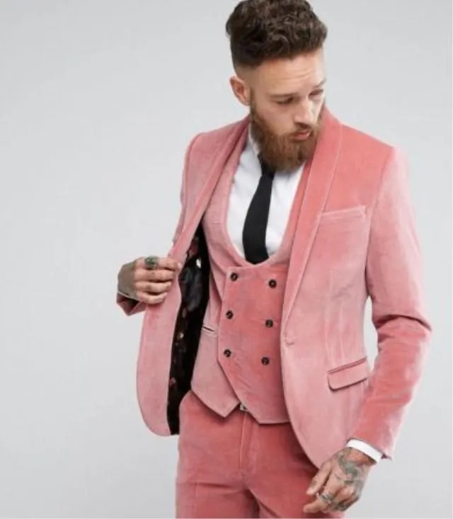 Personnalisé rose velours hommes costumes 3 pièces mode hiver marié robe de mariée Slim Fit hommes smoking costume veste + gilet pantalon Blazers