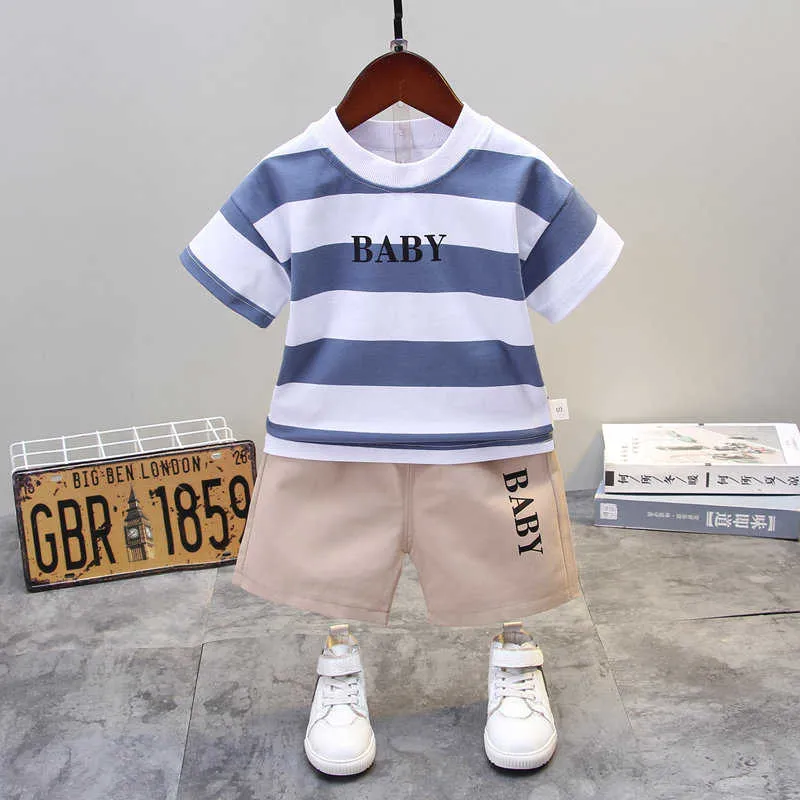 Sommar Baby Boys Tjejer Kläder Bomull Barn Tecknad Remsor T Shirts 2PCS / Sats Outfit Kids Fashion Toddler Tracksuits x0902