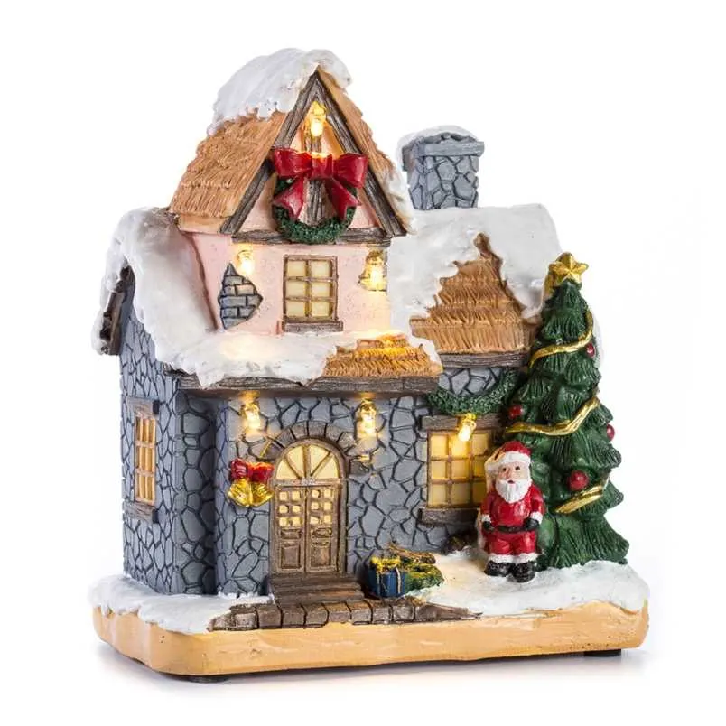 クリスマスデコレーション村のコレクション置物ビルディングクリスマスハウスとサンタクロースLED照明家暖炉の飾り211216