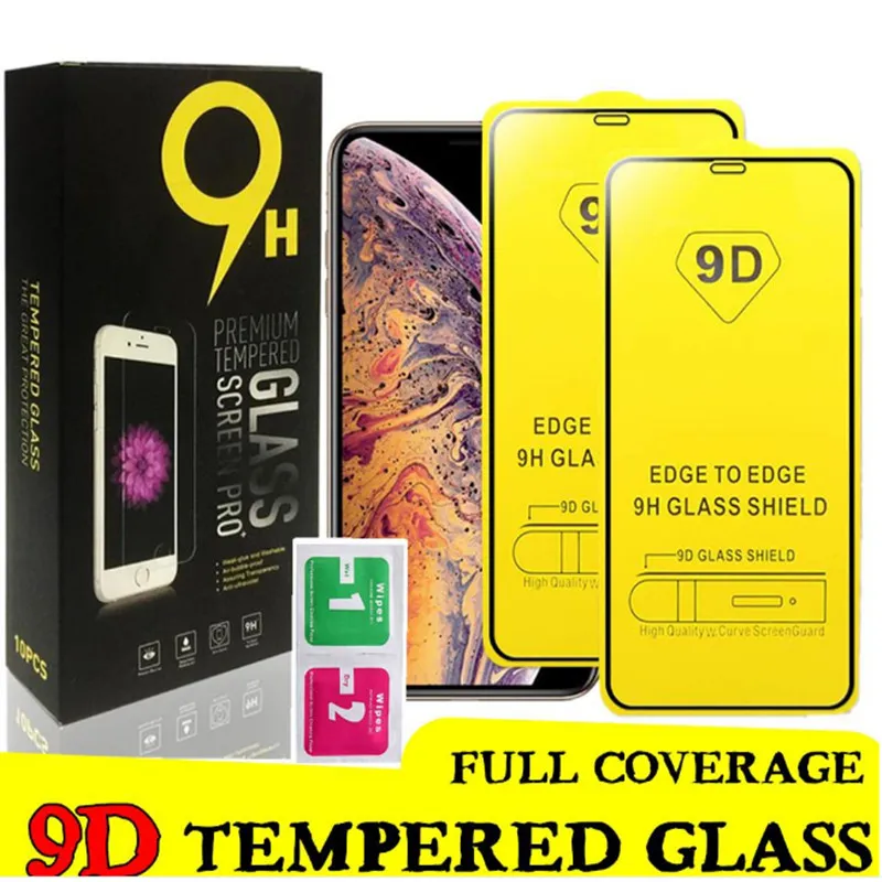9D Pełna pokrywa szklana ochrona ekranu dla iPhone'a 14 Plus 13 12 11 Pro Max XS XR 8 7 Plus Samsung A20 LG Stylo 5 K40 z opakowaniem