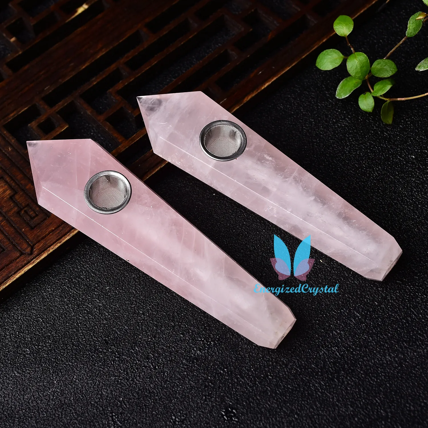 Amazing Natural Rose Pink Quartz Crystal Pipe Set Roken Tobacco Wand U.S