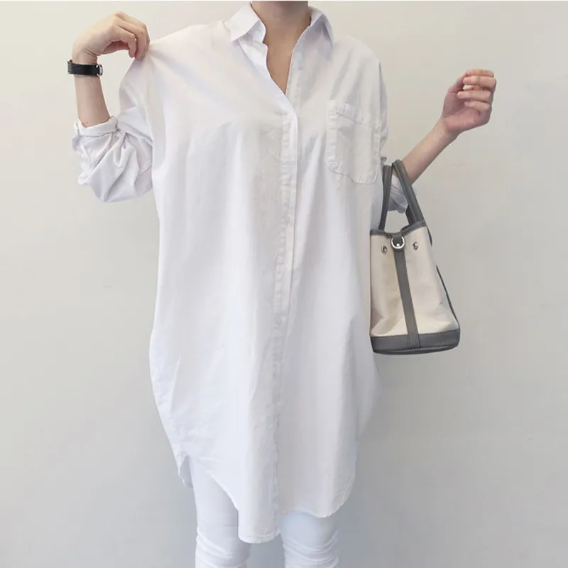 Korean Fashion Clothing Summer Loose Mid-Length Cotton White Shirt Women's Tops Plus Size Long-Sleeve Women Blouse 85A 210420