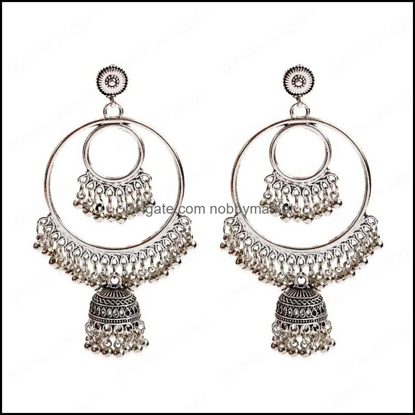 Vintage Gold Tassel Jhumka Dangle Earrings Women Carved Silver Color Bells Indian Jewelry Ladies Bijoux