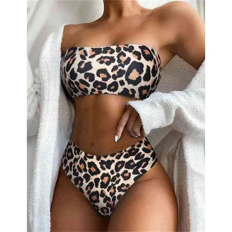 Leopard Bikini High Waist Swimsuit Kobiety Push Up Bandeau Off Ramię Plaża Kostium kąpielowy Brazylijski Swimwear 210611