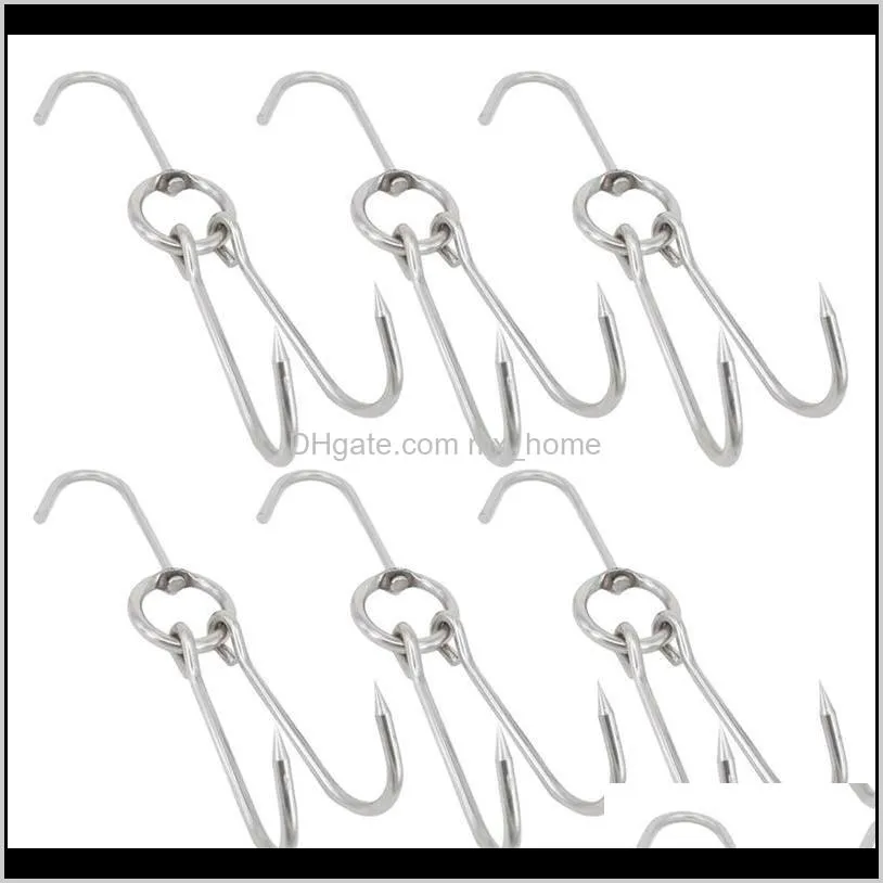 6pcs hooks stainless steel double hooks drying roast duck hook bacon hanger grill hanging rack