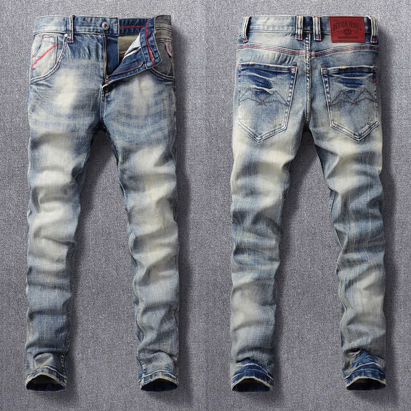 Итальянский стиль моды мужские джинсы высококачественные ретро подушенные эластичные тонкие разорванные старинные дизайнерские повседневные джинсовые штаны DVFH