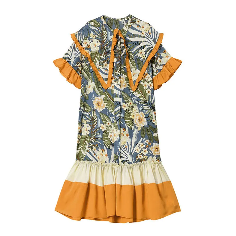 Turn Down Collar Half Sleeve Knee Length Loose Print Floral Patchwork Sweet Dress D1178 210514
