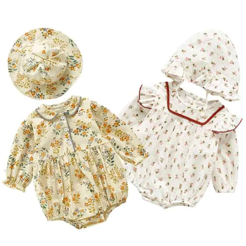 Höst bodysuits blommig spädbarn flicka kläder 0-3y tjejer jumpsuit långärmad bodysuit wuth hatt baby ytterwear 210417