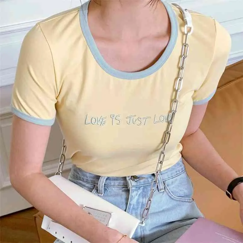Sydkorea Chic Summer Round Neck Pullover Fram och Back Broderi Letters Slim Fit Short Sleeve T-shirt 210529