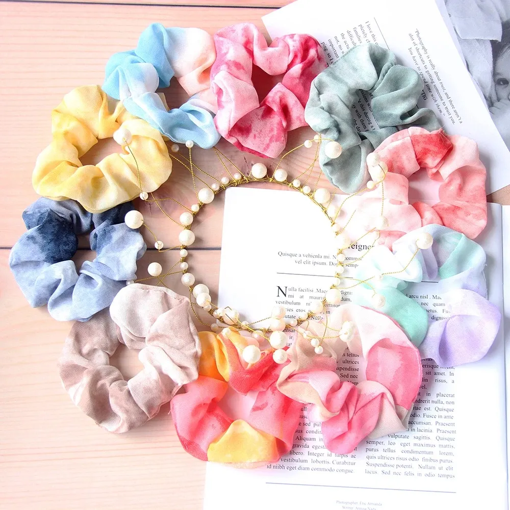 10 pz / lotto Tie dye Scrunchies Donna Arcobaleno colorato Corda per capelli Morbida ragazza Chiffon Cravatta per capelli Anello per capelli Accessori per coda di cavallo