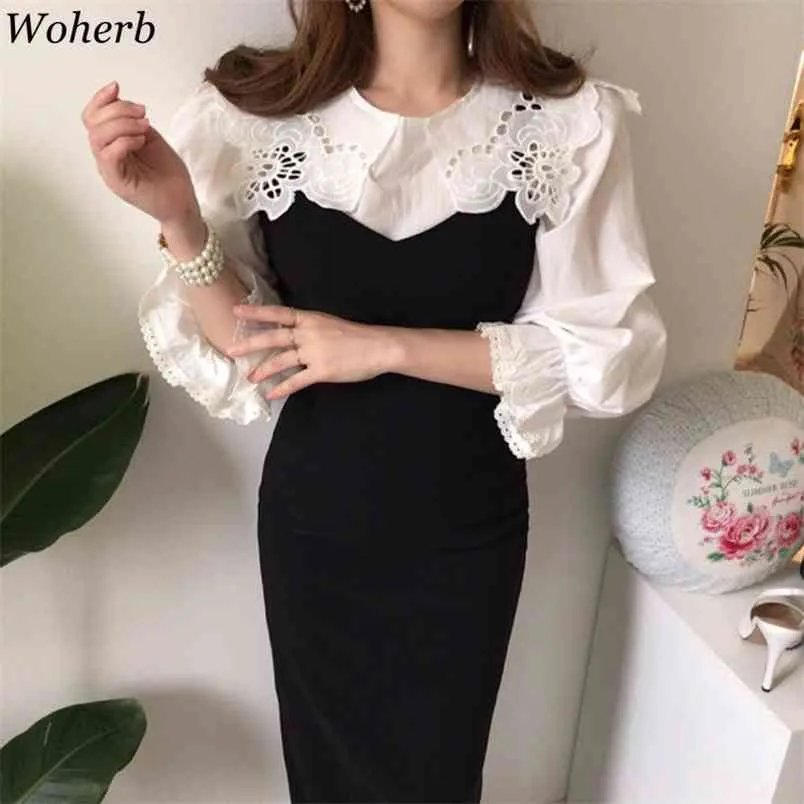 Elegant Two Pieces Set Women White Lace Hollow Out Blouse + Black Sleeveles Dress Korean Ol Spring Summer Fashion Suit 210519