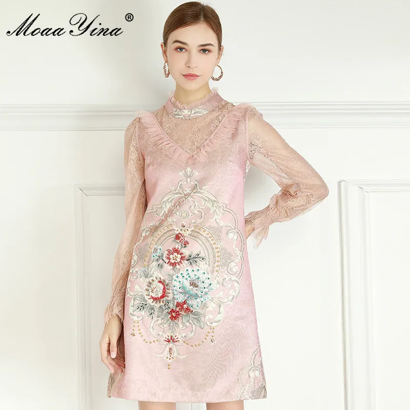Fashion Designer Summer Mini Dress Women Lace Long sleeve Ruffle Beading Female Elegant Pink Jacquard Short 210524