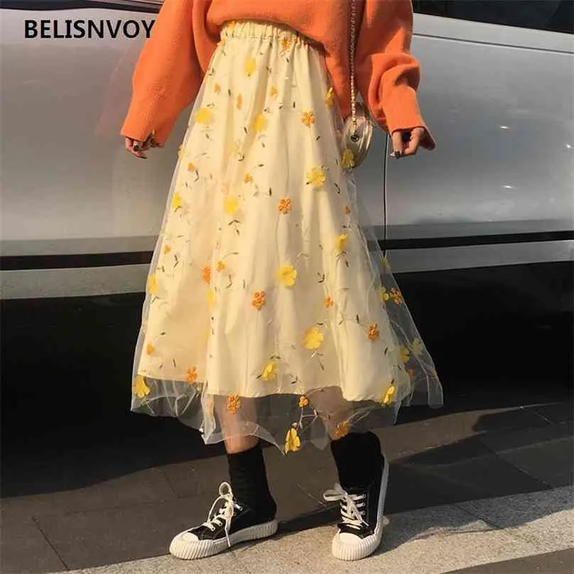 Verão elegante chiffon malha retalhos saias para mulheres amarelo floral bordado doce cintura alta coreana chic tulle 210520