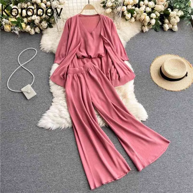 Korobov Cardigan coreano Canotta e pantaloni lunghi Abiti da donna Stile coreano da spiaggia Boho Set da 2 pezzi Abiti eleganti 210430