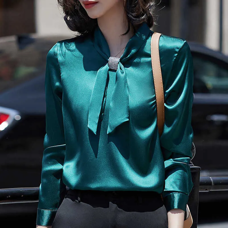 Retro Green Bow Satin Shirt Women For Women Elegant Long Sleeve