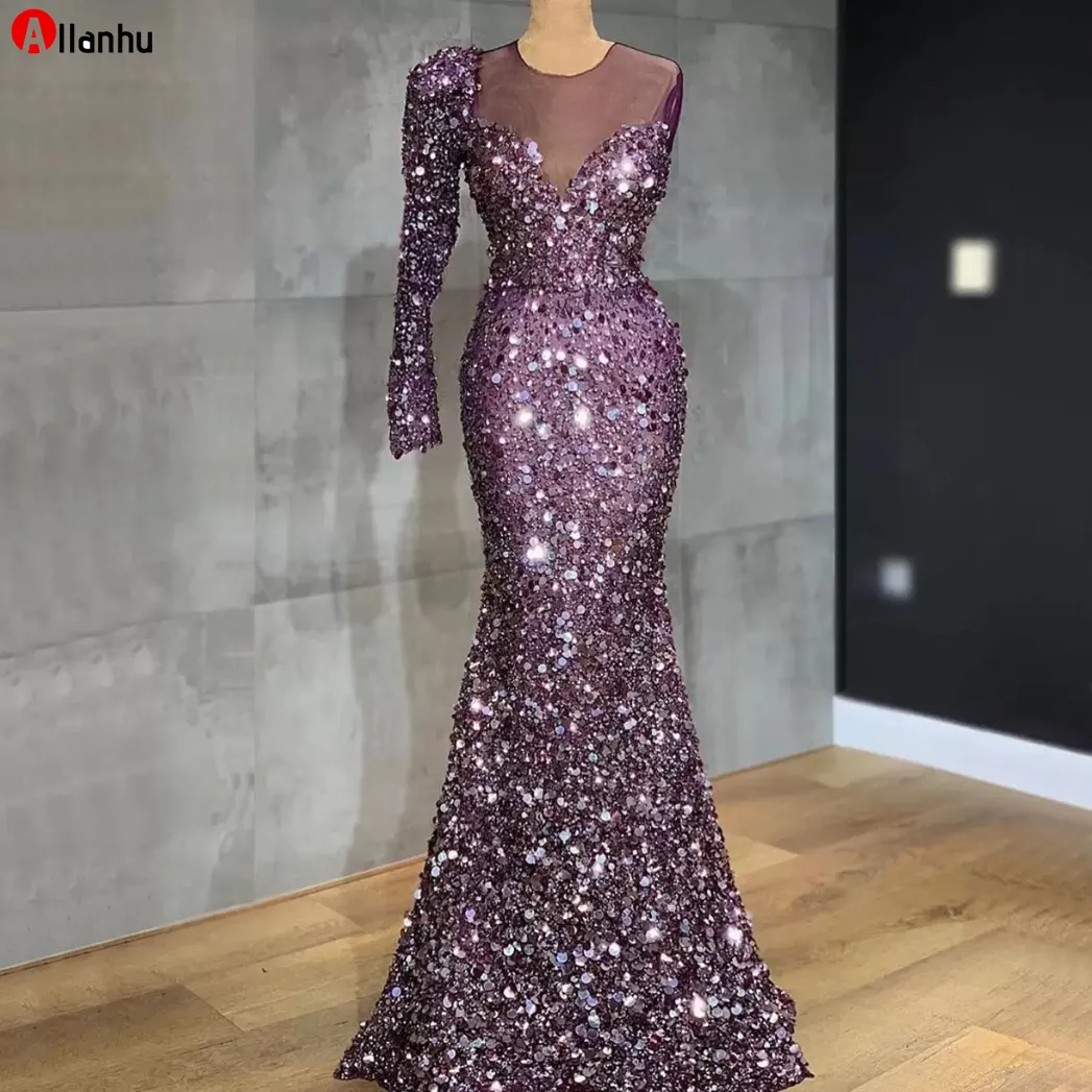 Sequined Purple Plus Size Custom Made Afton Dresses One Shoulder Långärmad Beaded Formal Women Holiday Wear Celebrity Party Gowns Wjy591