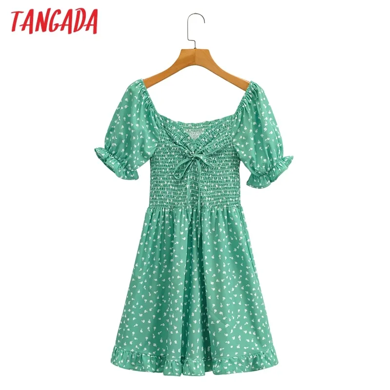 Moda mujer flores verdes impresión fuera del hombro arco manga corta damas mini vestido 1F187 210416