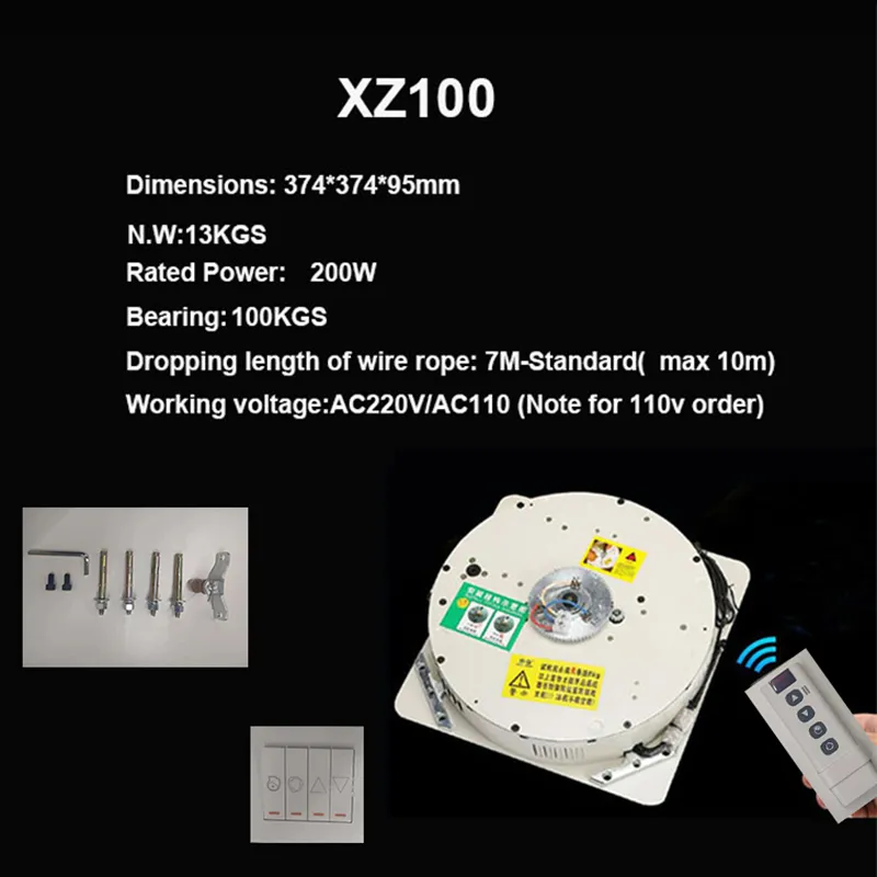 XZ100KG 7M Hiss för ljuskronor Ljus lyftsystem Electric Winch Lamp Motor 110V, 120V, 220V, 230V, 240V